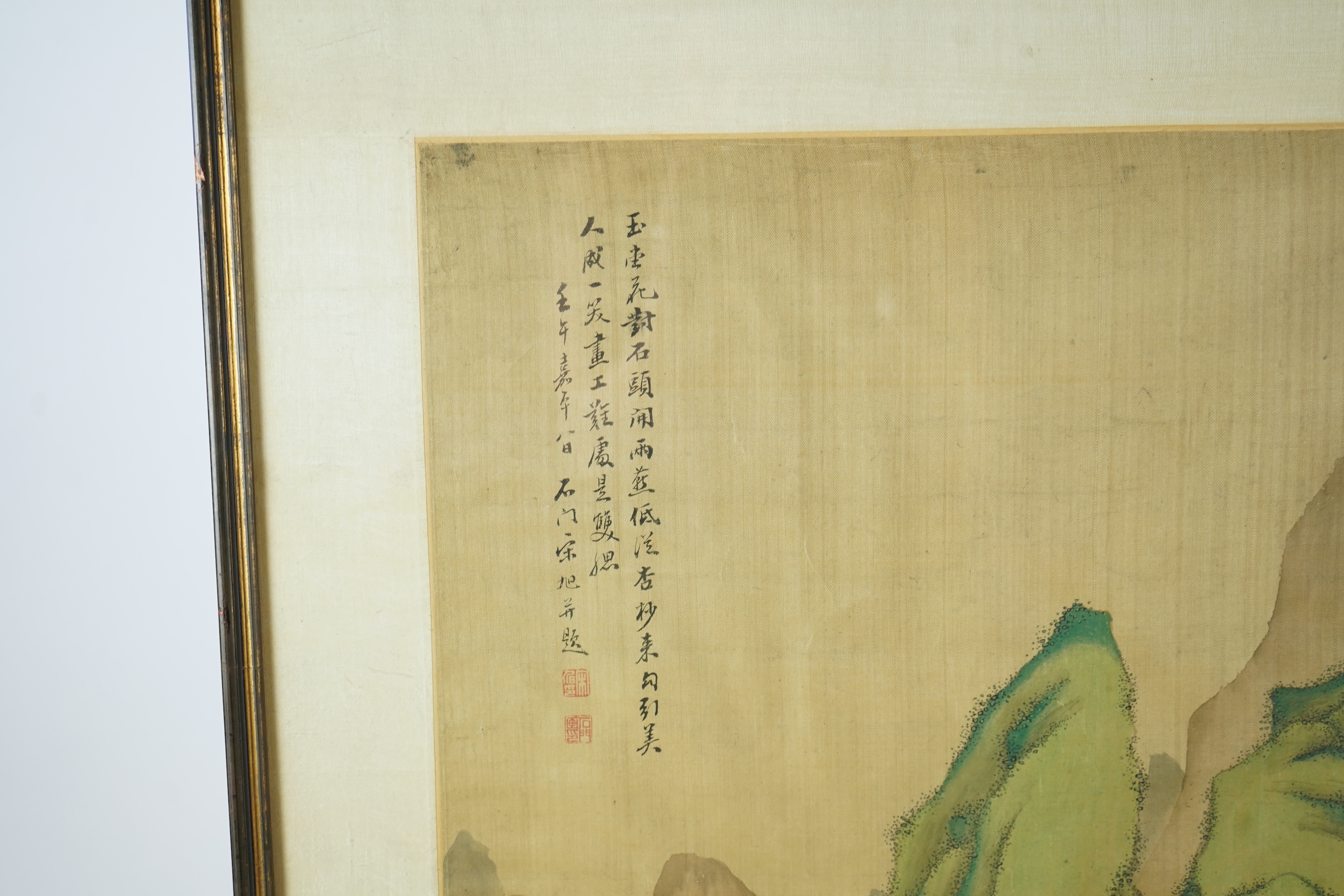 Chinese School , (late 19th century), Ladies in a garden, Ink and colour on silk, 107cm x 41cm, excluding brocade border
